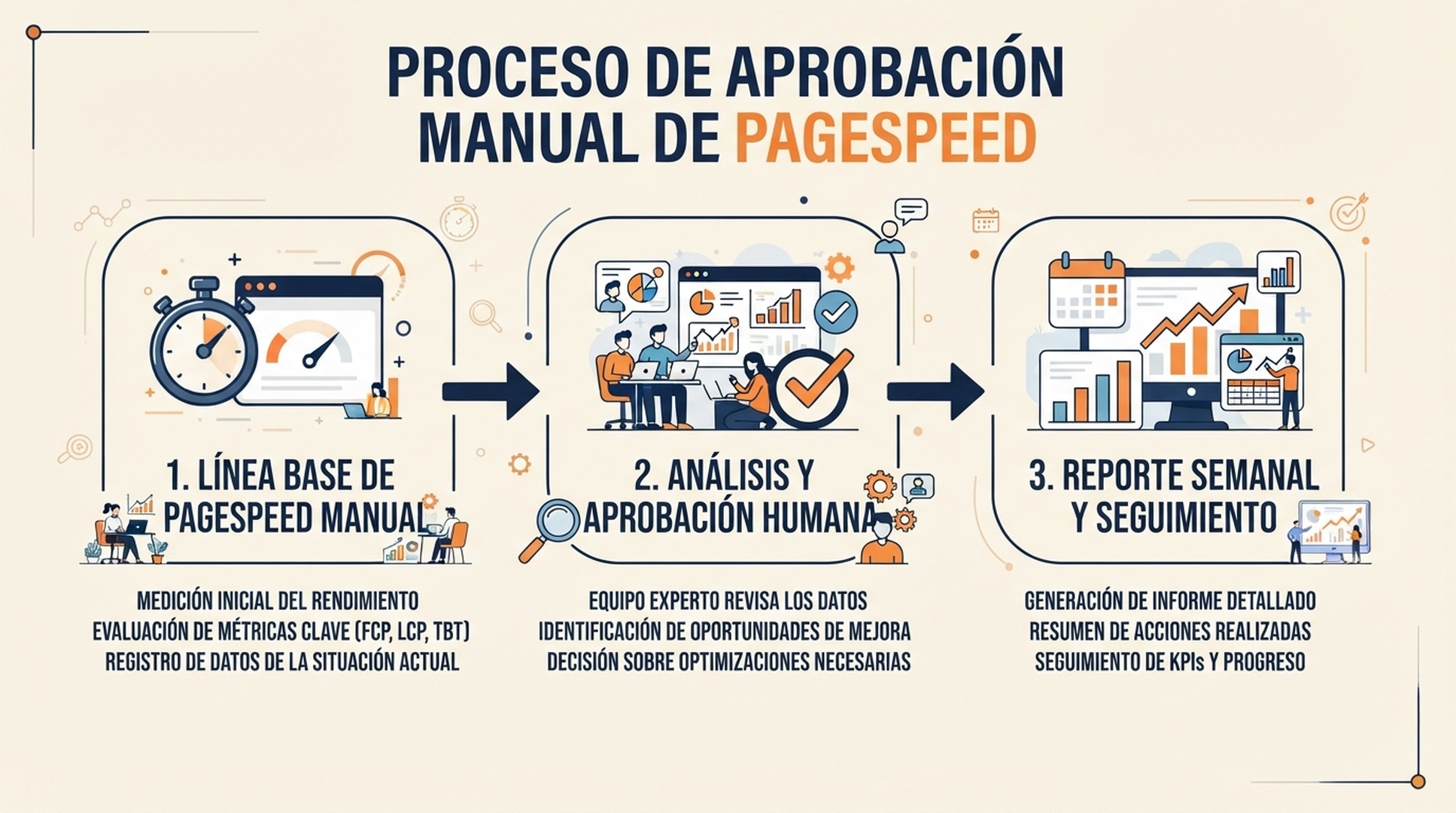 Flujo de Hermes: linea base manual, aprobacion humana y reporte semanal.