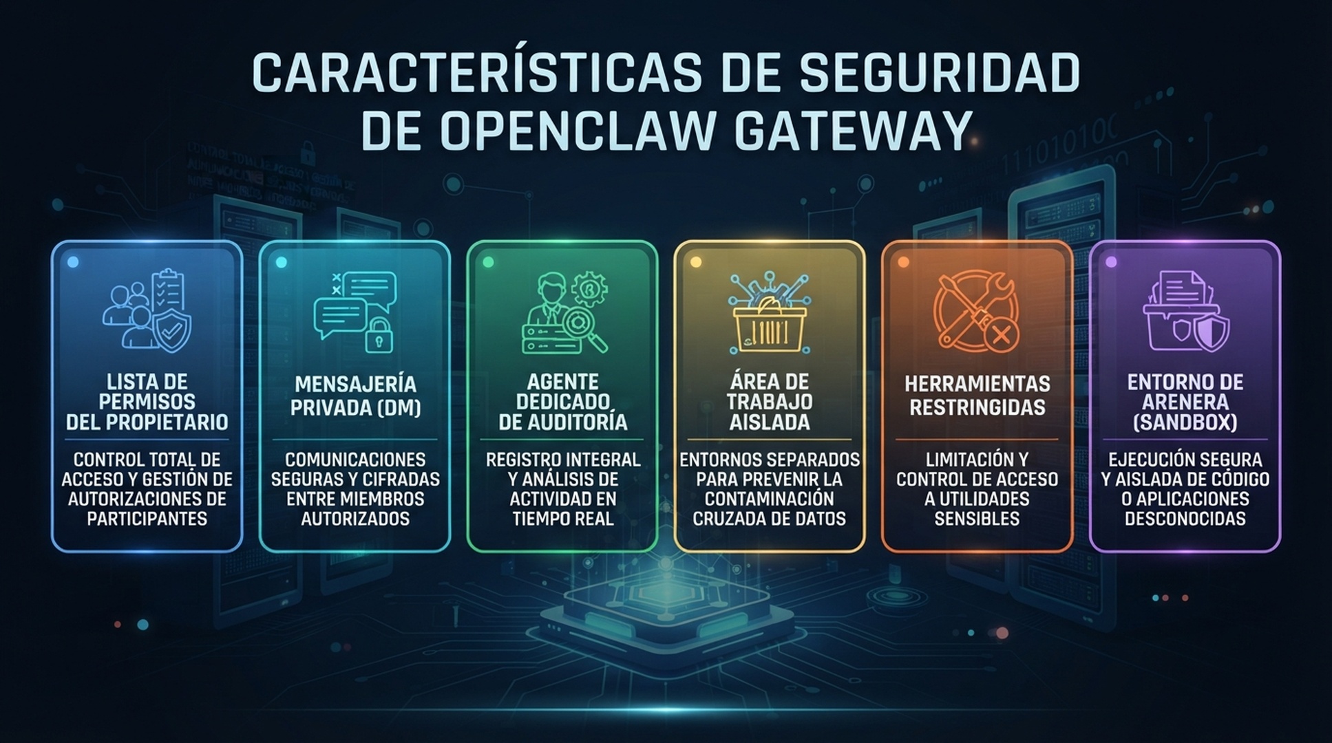 Controles del Gateway OpenClaw: allowlist de propietario, canal privado, agente dedicado, espacio aislado, herramientas limitadas y sandbox.