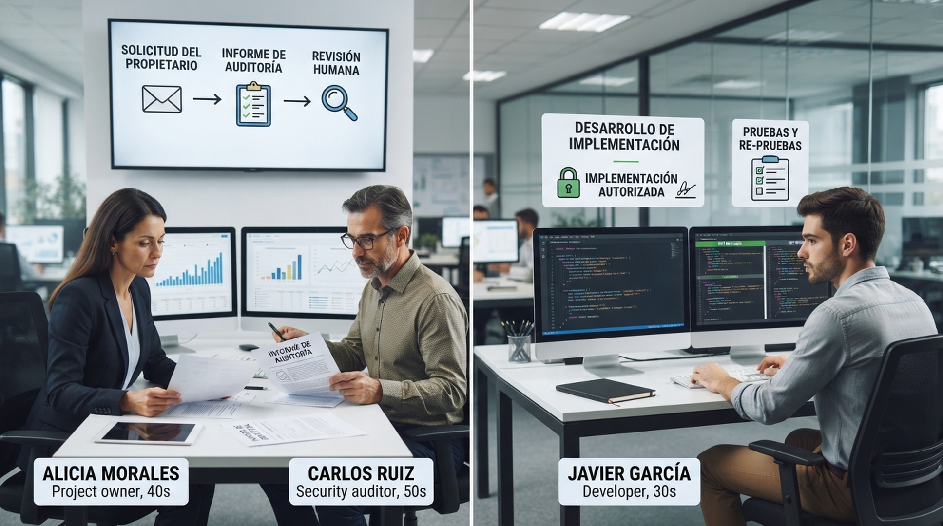 Handoff seguro: solicitud del propietario, informe de auditoria, revision humana, implementacion autorizada, diff revisado y nueva prueba.