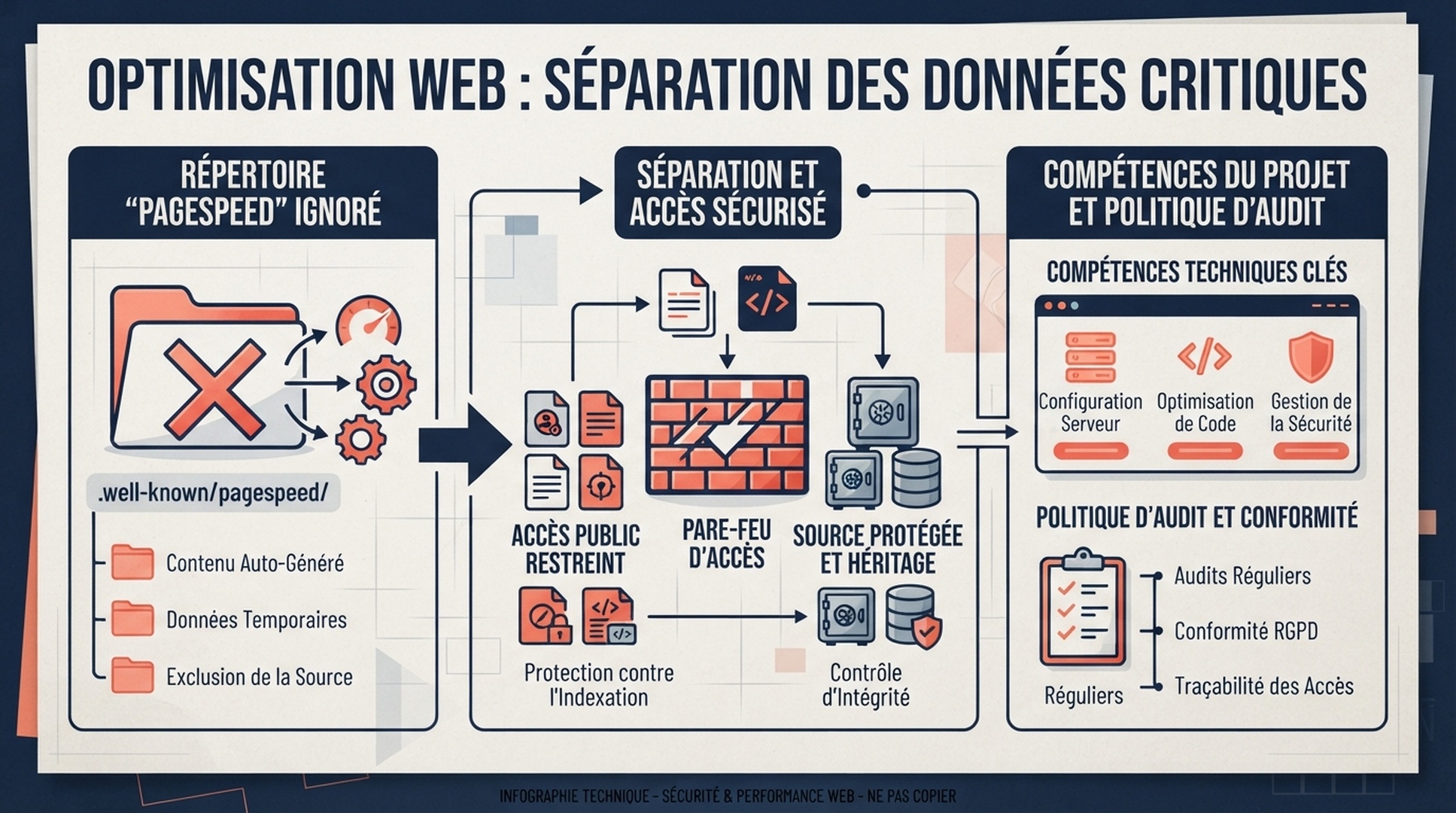 Une skill Claude Code et ses regles ecrivent les preuves PageSpeed dans un dossier ignore, separe du code protege.