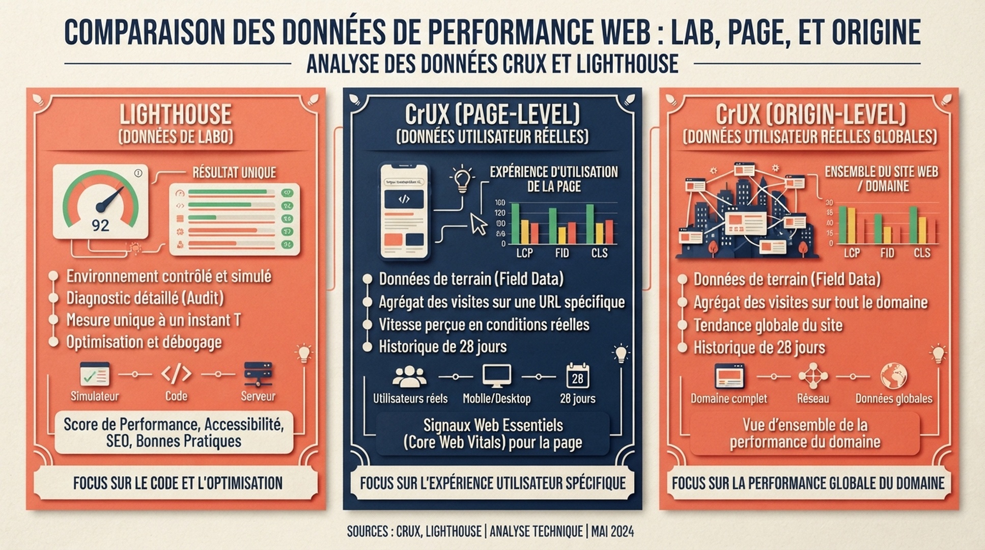Comparaison entre mesure Lighthouse de laboratoire, CrUX de page et CrUX d'origine.