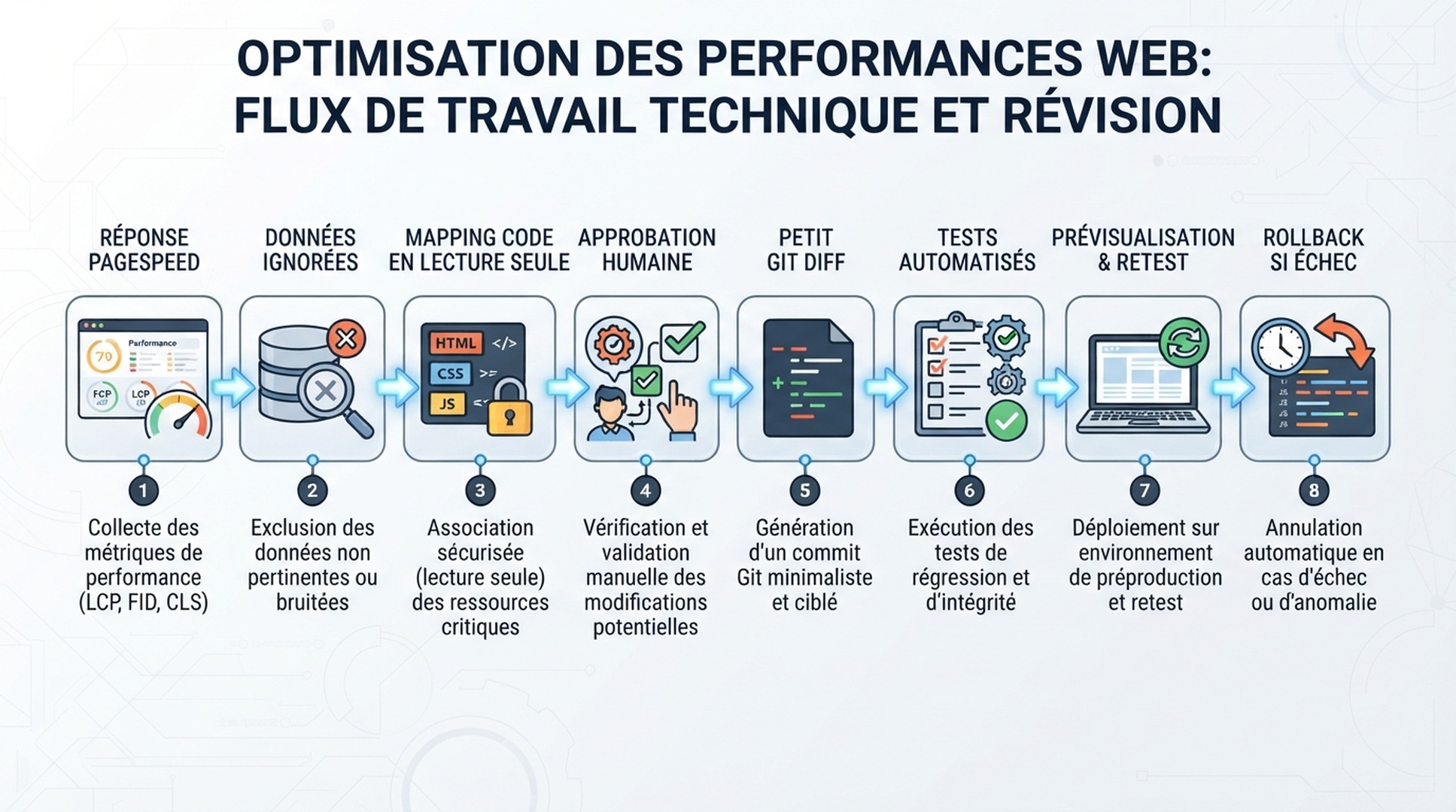 Chaine de preuves: reponse PageSpeed, evidence ignoree, cartographie de code en lecture seule, approbation, petit diff, tests et nouvelle mesure.