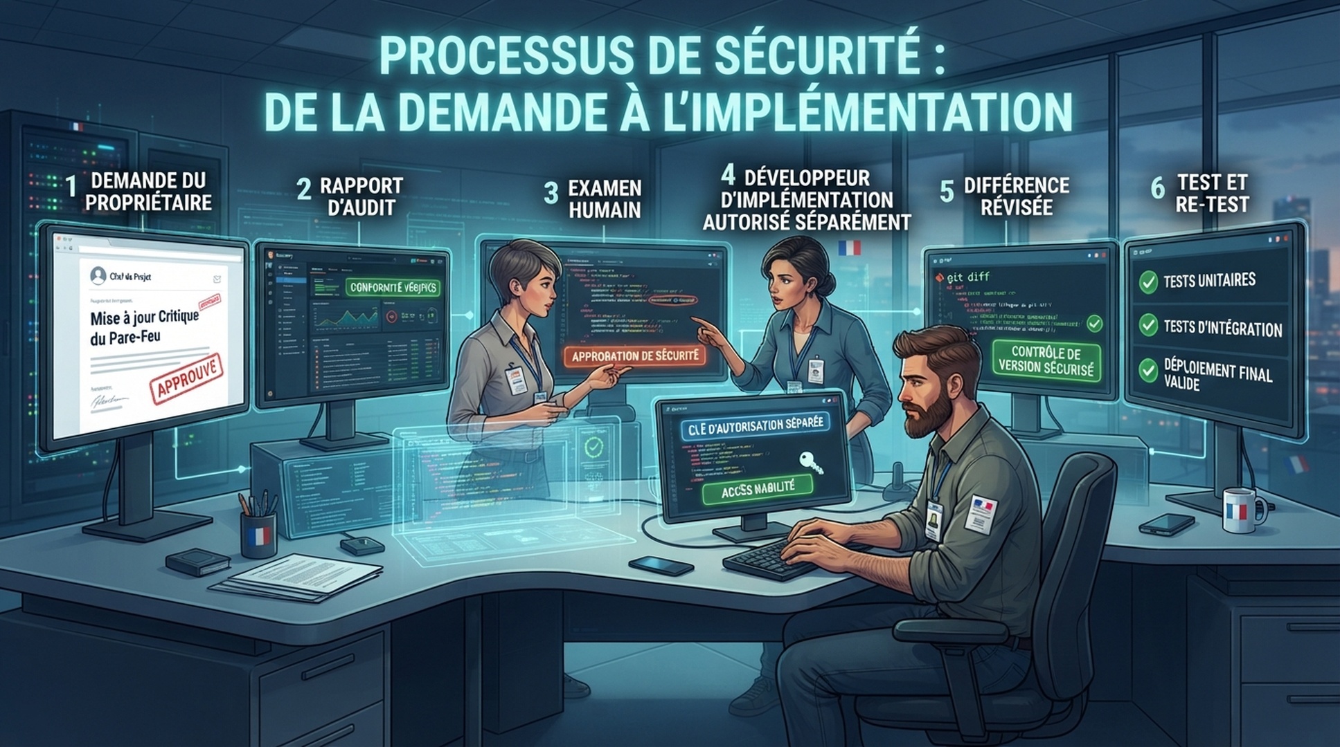 Passage securise: demande proprietaire, rapport d'audit, revue humaine, implementation autorisee separement, diff revu et nouveau test.