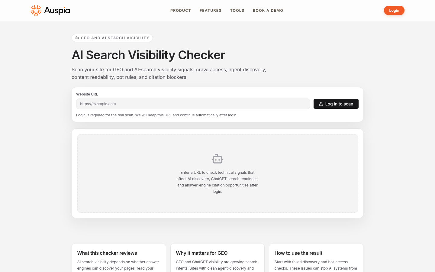 Auspia AI Search Visibility Checker public page with URL input and scan scope