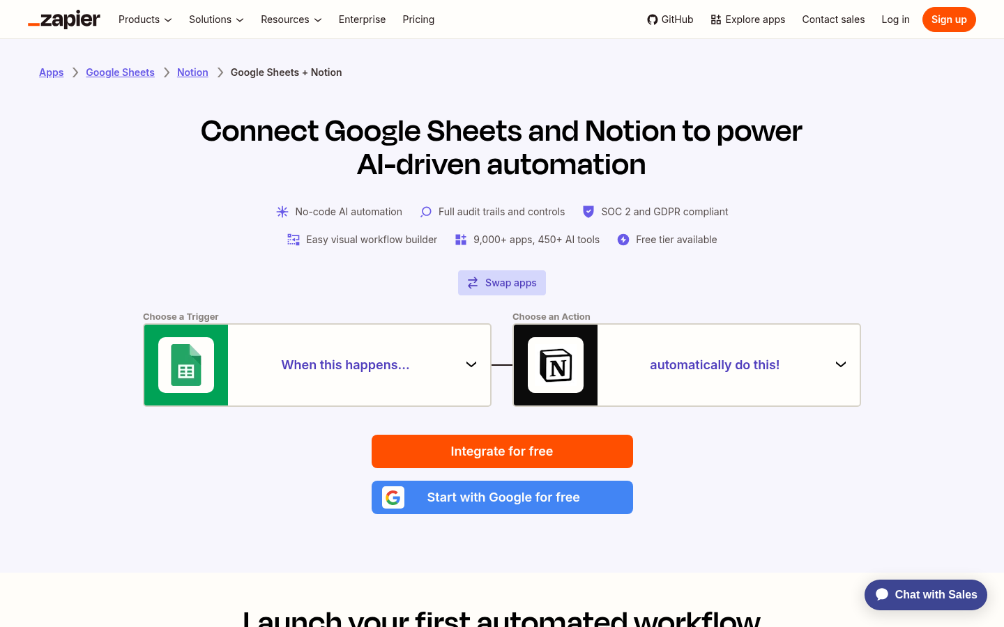 Official Zapier Google Sheets and Notion integration page showing a workflow trigger and action builder
