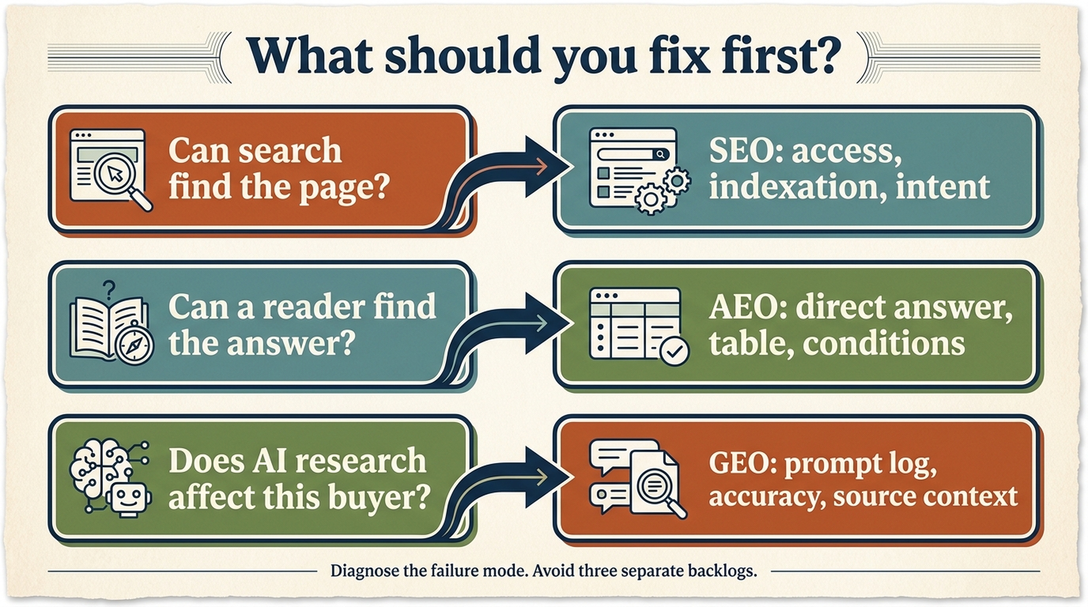 Decision map for selecting SEO, AEO, or GEO work based on a page's current problem