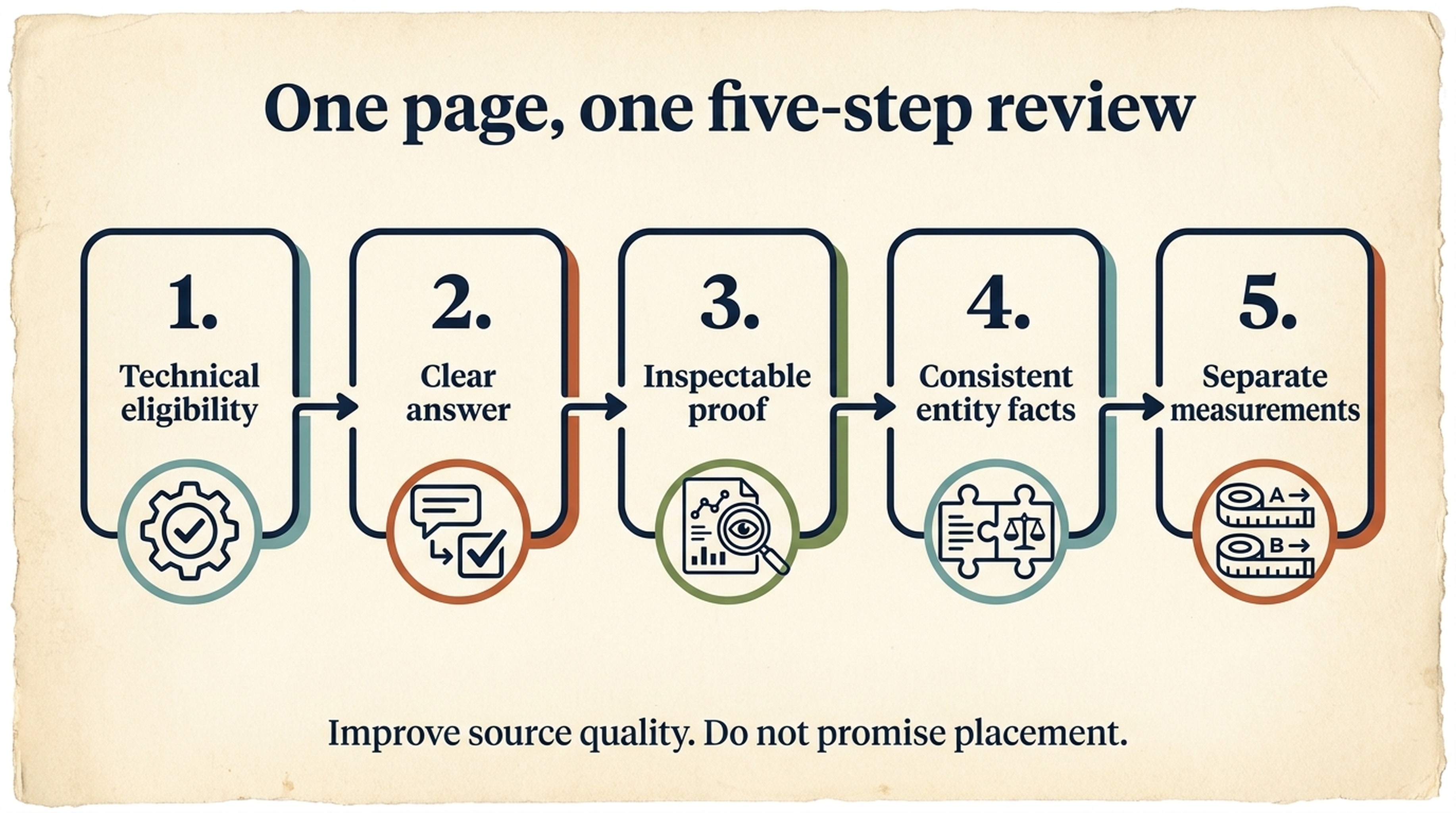 A five-step editorial workflow connecting technical eligibility, clear answers, evidence, entity consistency, and measurement