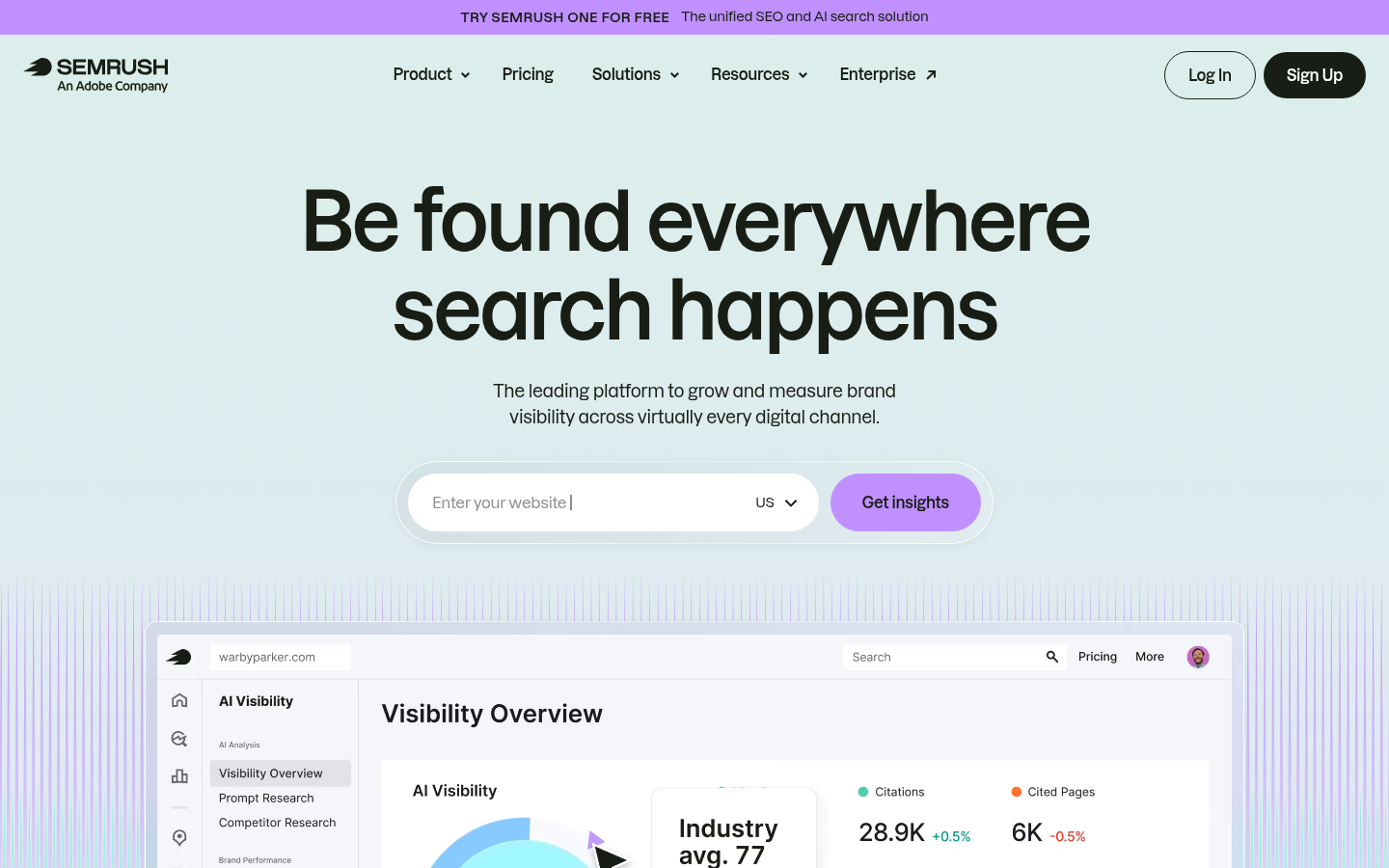 Official Semrush homepage showing the public SEO platform navigation, hero, and website analysis search field.