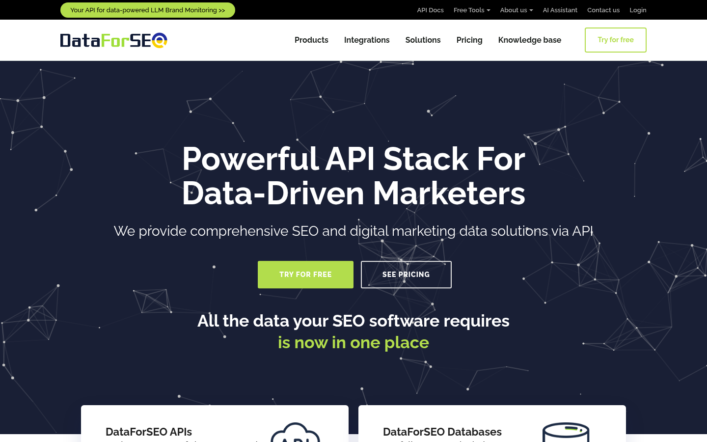 Official DataForSEO homepage showing its public API and data-product context.