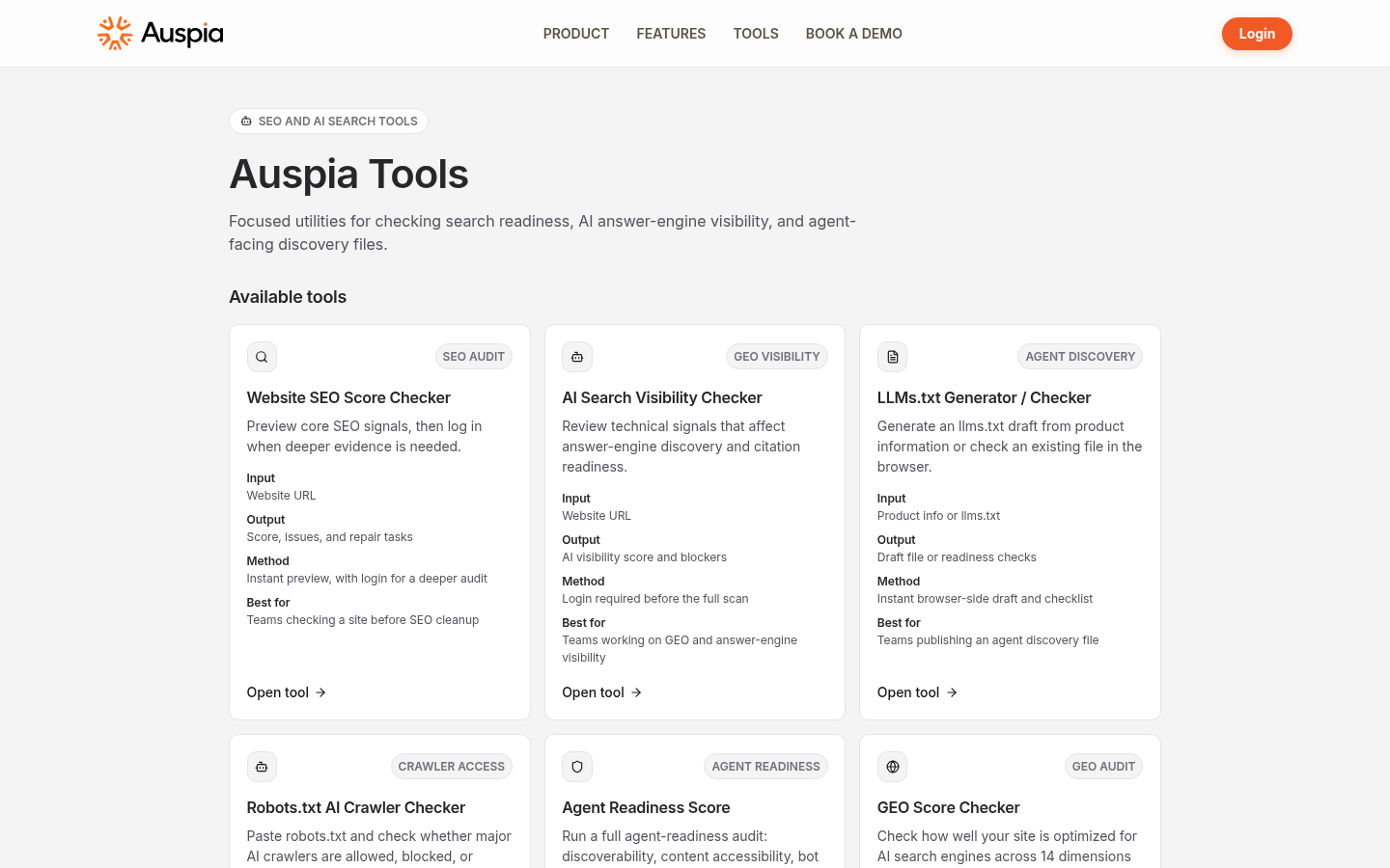 Official Auspia Tools page showing public cards for SEO, AI search visibility, llms.txt, robots.txt AI crawler, agent readiness, and GEO checks.