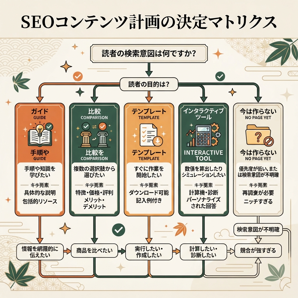 具体的なクエリをガイド、比較、テンプレート、インタラクティブツール、または新規ページなしのどれにすべきかを示す判断マトリクス。