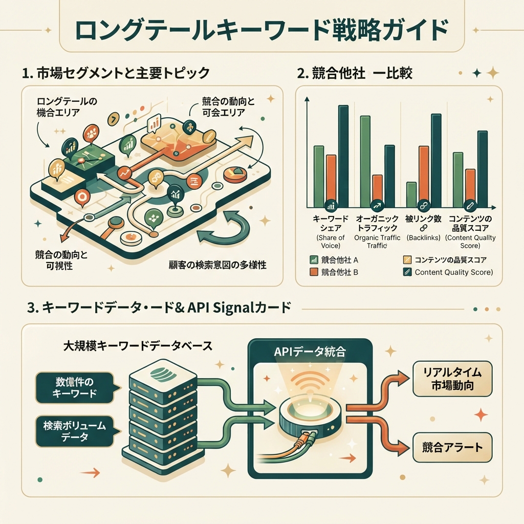 ロングテールキーワードガイドの市場・競合調査を表す、キーワードデータベースと比較シグナルの日本語編集用インフォグラフィック。