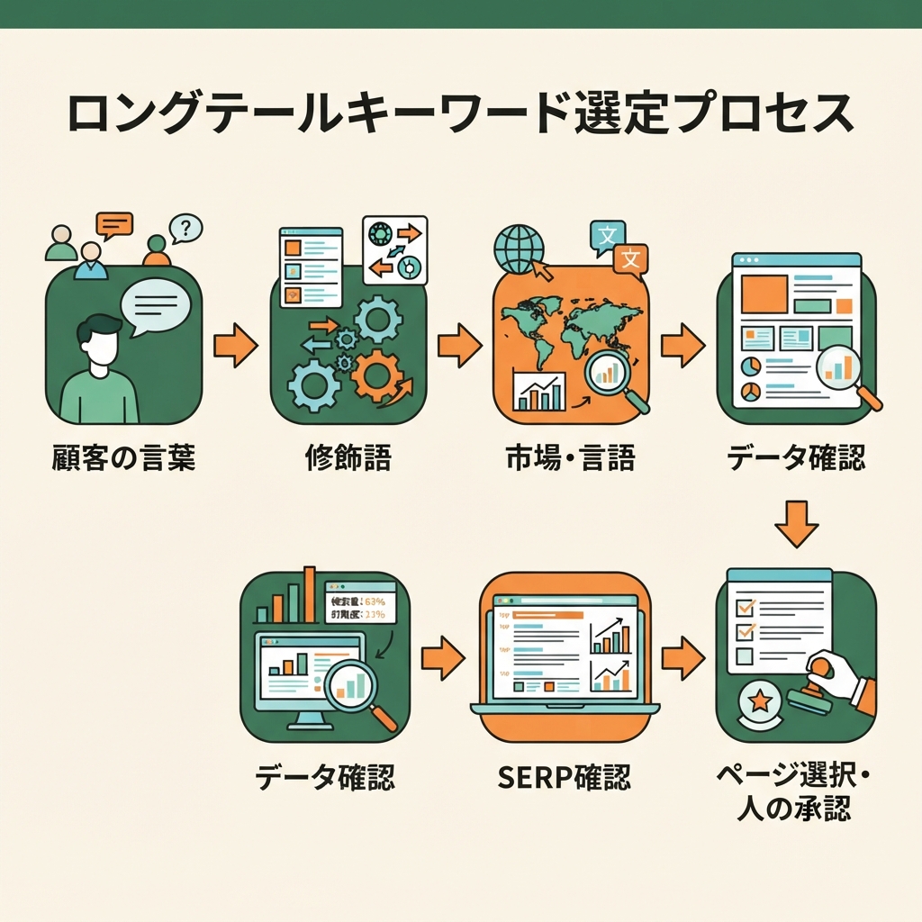 顧客の言葉から市場と言語の確認、データ確認、SERP 確認、ページ選択、人による承認までを示す六段階のロングテールキーワード調査ワークフロー。