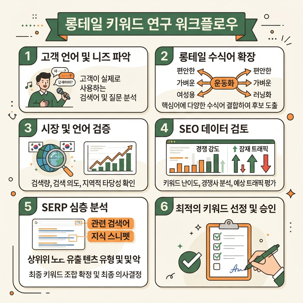 고객 언어에서 시장 및 언어 확인, 데이터 검토, SERP 검토, 페이지 선택, 사람의 승인까지 이어지는 6단계 롱테일 키워드 조사 워크플로.