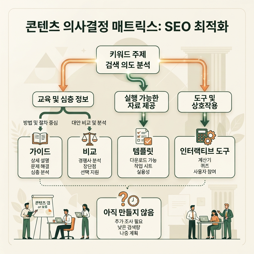 구체적 쿼리를 가이드, 비교, 템플릿, 인터랙티브 도구 또는 새 페이지 없음 중 어디로 만들어야 하는지 보여 주는 결정 매트릭스.