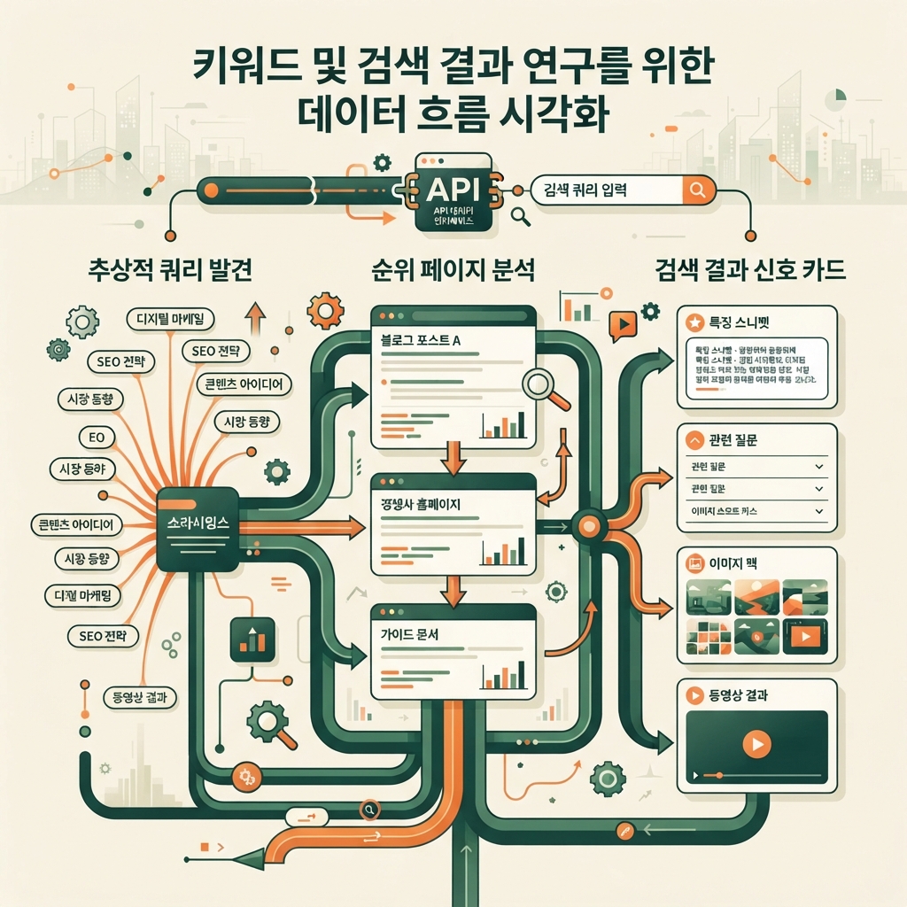 쿼리, 순위 페이지, SERP 신호로 Ahrefs API 키워드 조사를 표현한 한국어 편집용 인포그래픽.