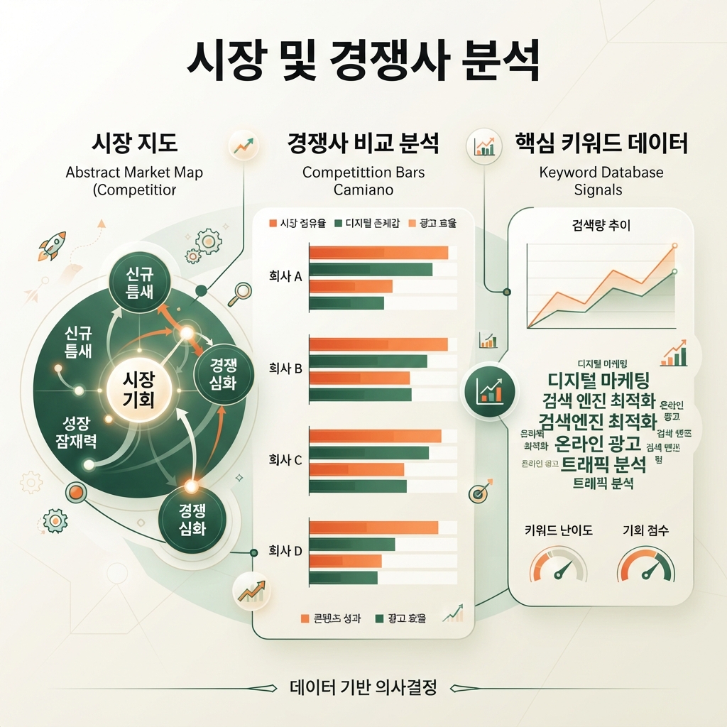 시장 지도, 경쟁사 비교 막대, 키워드 데이터 신호로 Semrush 시장·경쟁사 조사를 표현한 한국어 편집용 인포그래픽.
