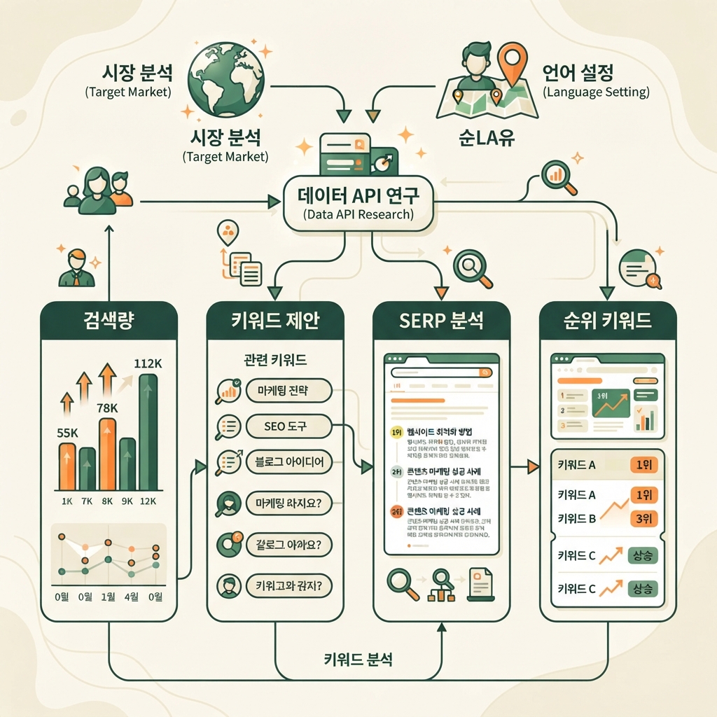대상 시장·언어에서 검색량, 키워드 제안, SERP, 순위 키워드로 흐르는 DataForSEO 구조화 조사를 나타낸 한국어 편집용 인포그래픽.