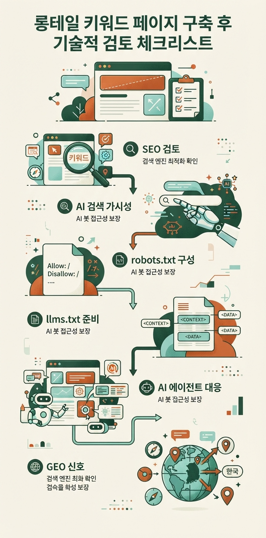 만든 뒤 롱테일 키워드 페이지의 SEO, AI 검색 가시성, robots.txt, llms.txt, 에이전트 준비도, GEO 신호를 점검하는 한국어 편집용 인포그래픽.
