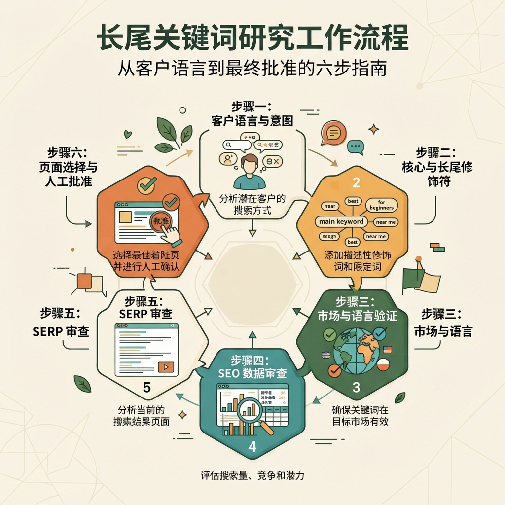 从客户语言开始,经过市场与语言检查、数据审核、SERP 审核、页面选择,最终由人工批准的六步长尾关键词研究工作流。
