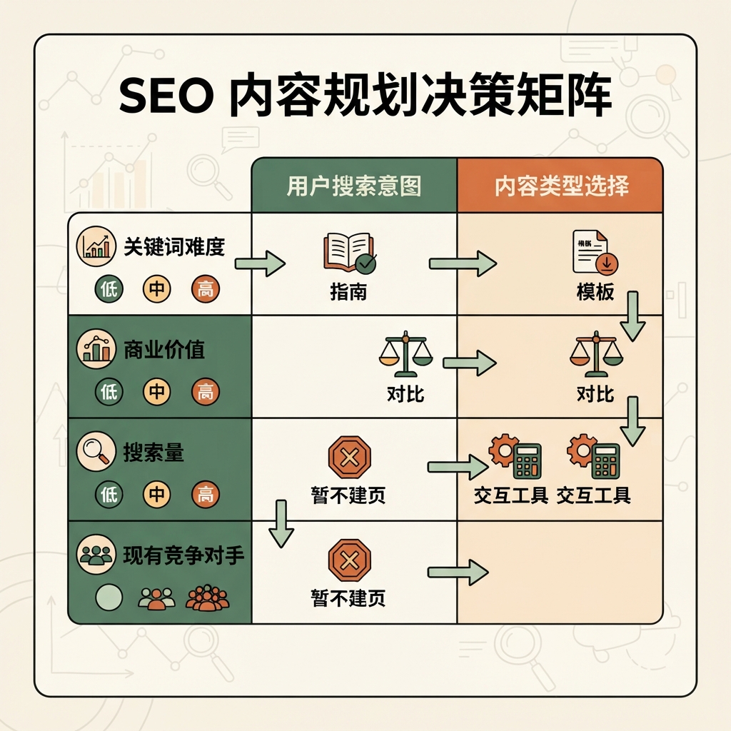 用于判断一个具体查询应成为指南、对比、模板、交互式工具还是暂不新建页面的决策矩阵。