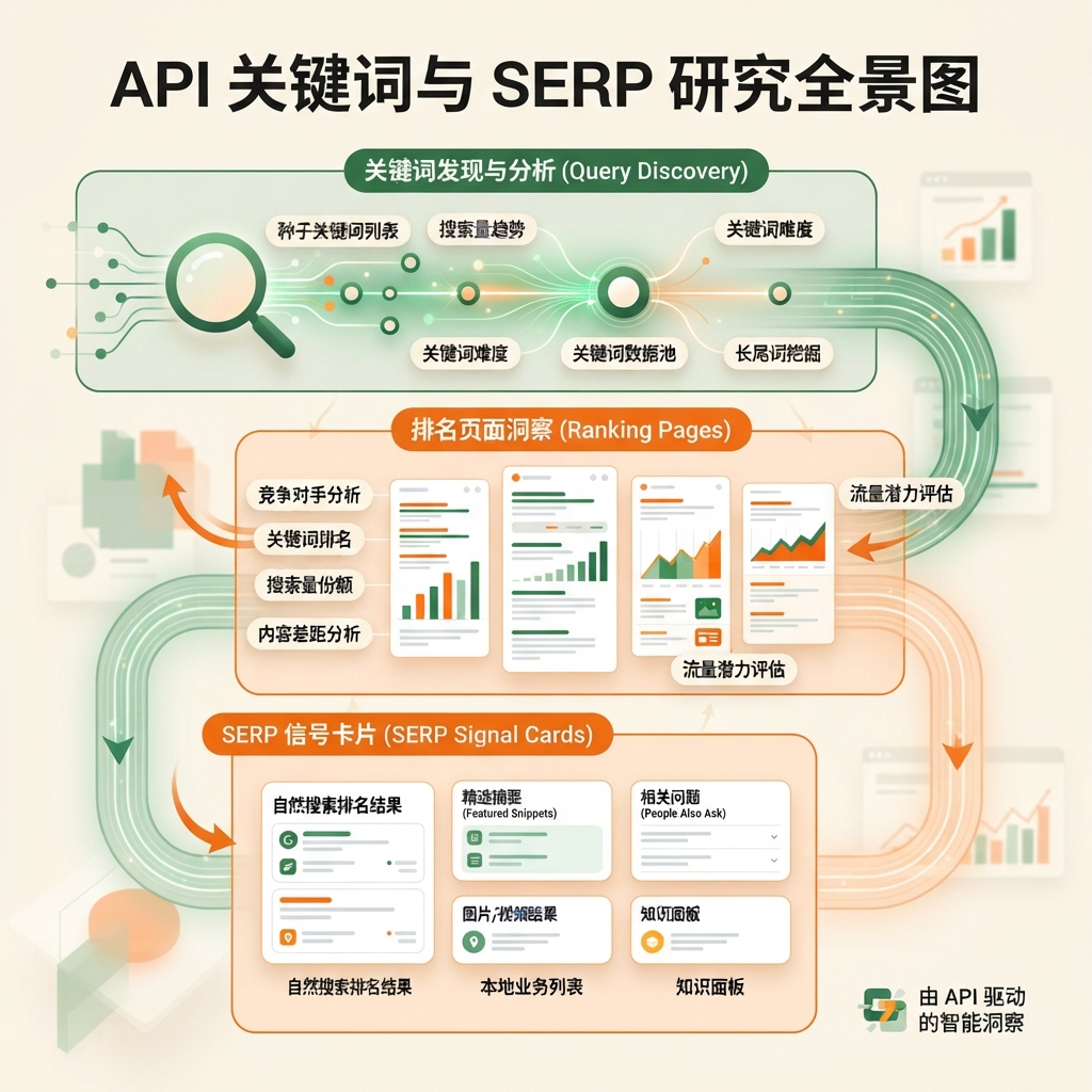 以查询发现、排名页面和 SERP 信号表现 Ahrefs API 关键词研究的简体中文编辑信息图。