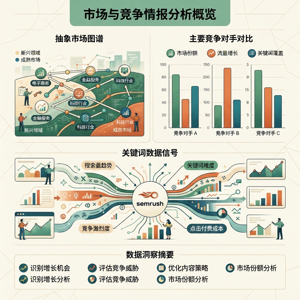 用市场地图、竞争对比条和关键词数据库信号呈现 Semrush 市场与竞争对手研究的简体中文编辑信息图。