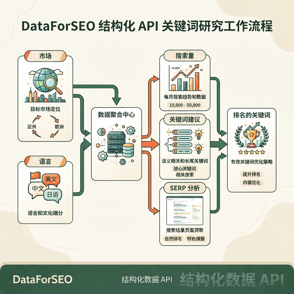 从目标市场和语言流向搜索量、关键词建议、SERP 和排名关键词的 DataForSEO 结构化研究简体中文编辑信息图。