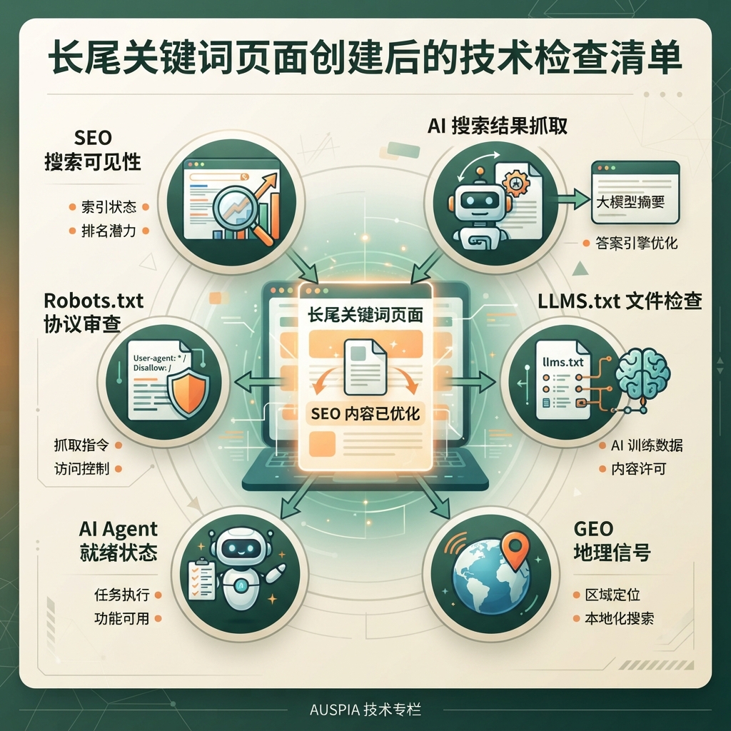 创建长尾关键词页面后,检查 SEO、AI 搜索可见性、robots.txt、llms.txt、代理准备度和 GEO 信号的简体中文编辑信息图。