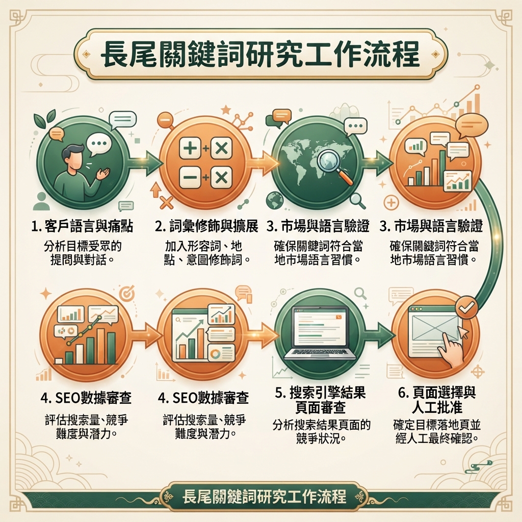 從客戶語言開始,經過市場與語言檢查、資料稽核、SERP 稽核、頁面選擇,最終由人工核准的六步長尾關鍵字研究工作流程。