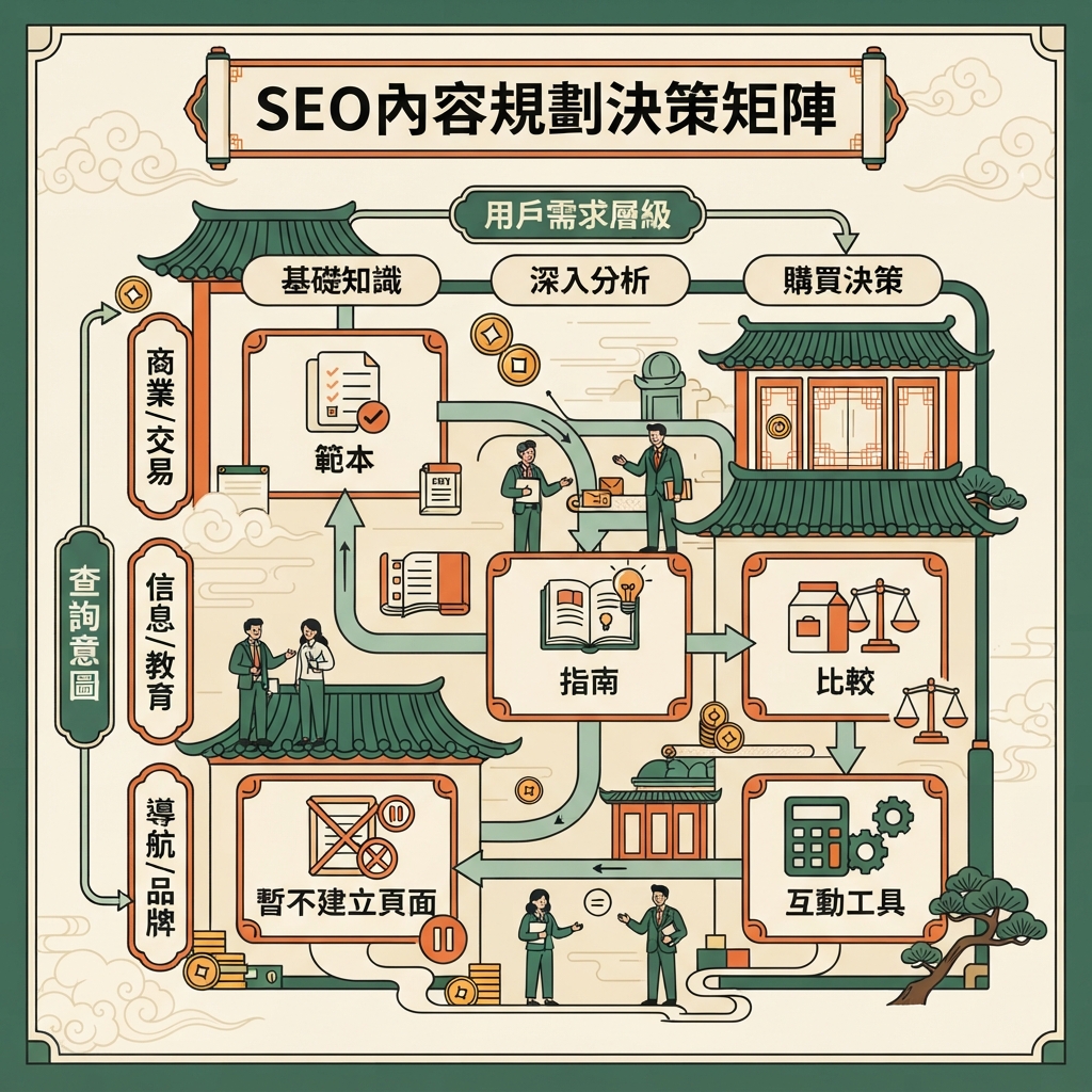 用於判斷一個具體查詢應成為指南、比較、範本、互動式工具還是暫不建立頁面的決策矩陣。