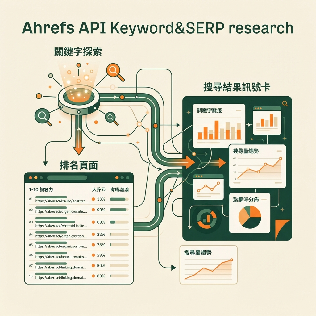 以查詢發現、排名頁面和 SERP 訊號呈現 Ahrefs API 關鍵字研究的繁體中文編輯資訊圖。