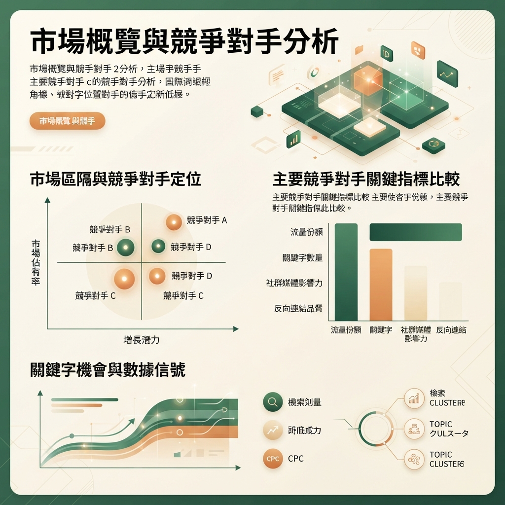 用市場地圖、競爭比較條和關鍵字資料庫訊號呈現 Semrush 市場與競爭對手研究的繁體中文編輯資訊圖。