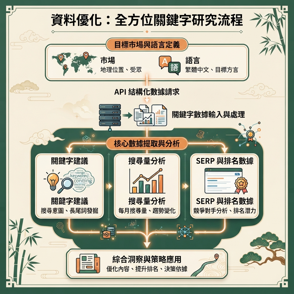 從目標市場和語言流向搜尋量、關鍵字建議、SERP 和排名關鍵字的 DataForSEO 結構化研究繁體中文編輯資訊圖。