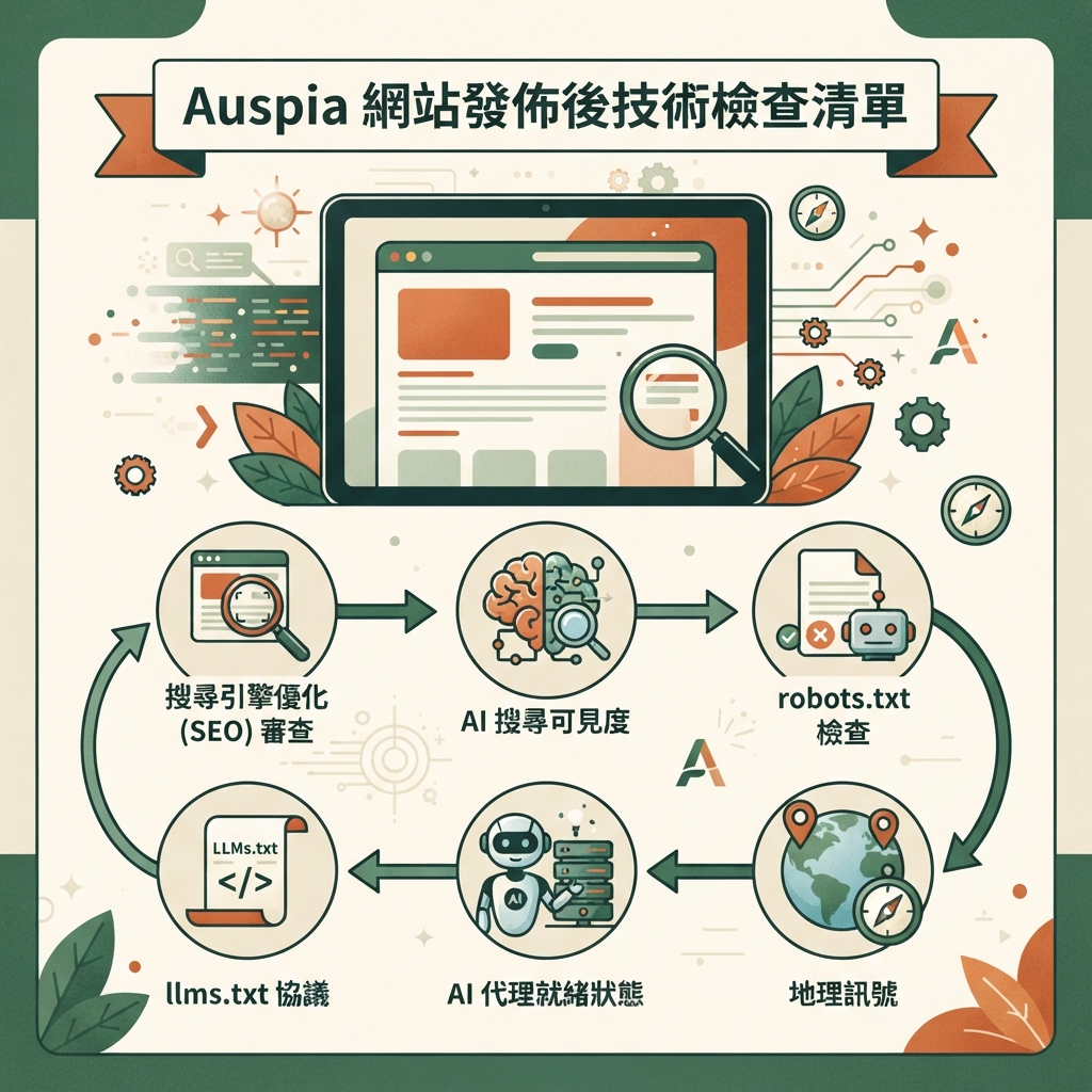 建立長尾關鍵字頁面後,檢查 SEO、AI 搜尋可見性、robots.txt、llms.txt、代理準備度和 GEO 訊號的繁體中文編輯資訊圖。