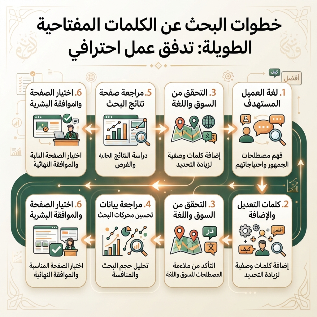 سير عمل من ست خطوات لبحث الكلمات المفتاحية طويلة الذيل، من لغة العميل عبر التحقق من السوق واللغة ومراجعة البيانات وSERP واختيار الصفحة والموافقة البشرية.