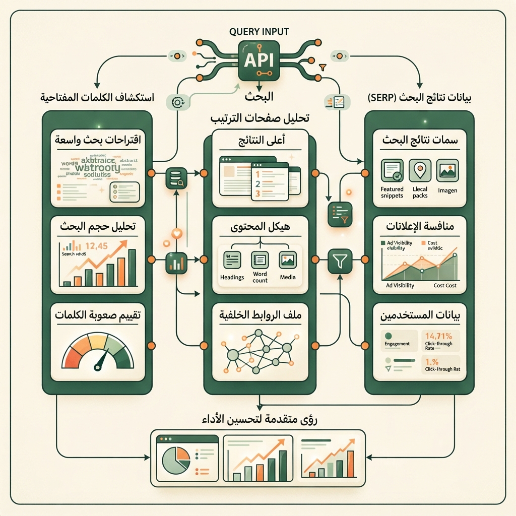 رسم معلوماتي تحريري عربي لبحث الكلمات المفتاحية عبر Ahrefs API، يعرض اكتشاف الاستعلامات وصفحات الترتيب وإشارات SERP.