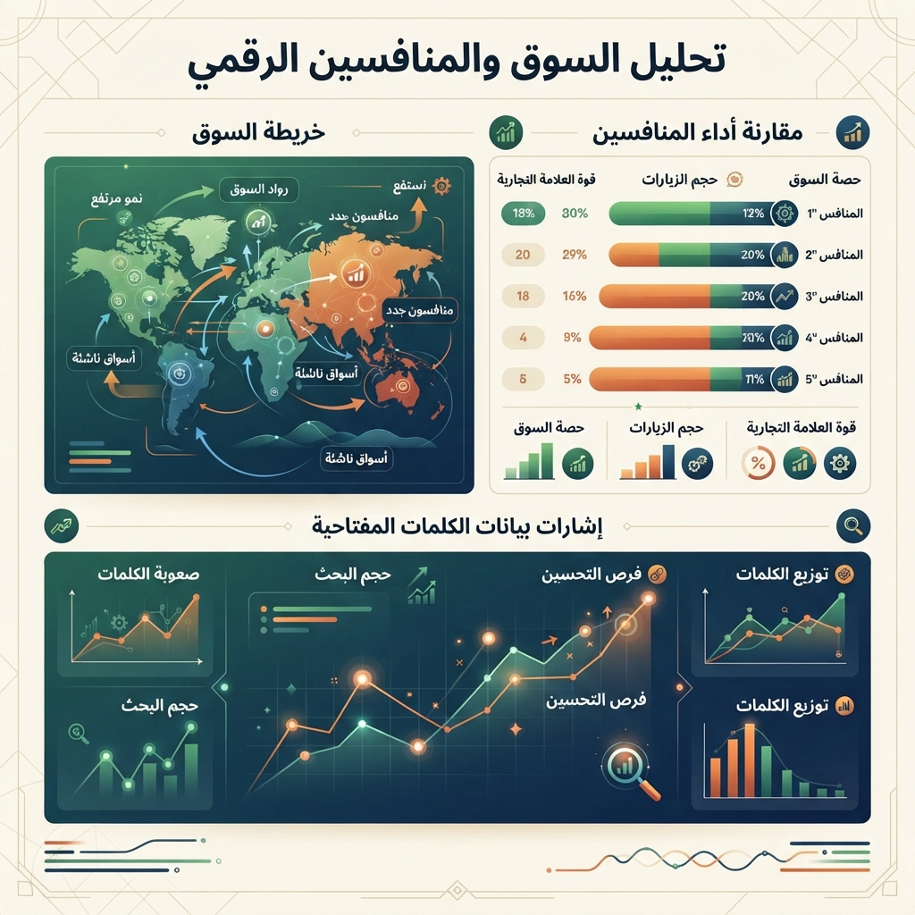 رسم معلوماتي تحريري عربي لبحث السوق والمنافسين عبر Semrush، يعرض خريطة سوق ومقارنة منافسين وإشارات قاعدة كلمات مفتاحية.