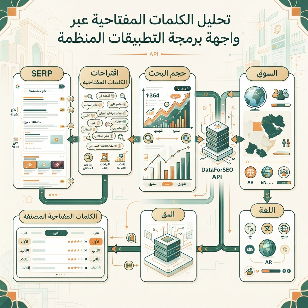 رسم معلوماتي تحريري عربي للبحث المنظم عبر DataForSEO، ينتقل من السوق واللغة إلى حجم البحث واقتراحات الكلمات وSERP والكلمات المرتبة.
