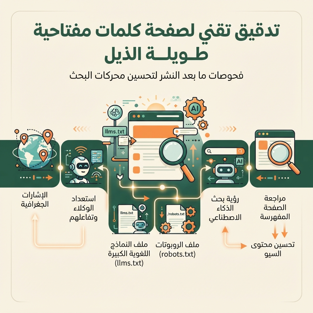 رسم معلوماتي تحريري عربي لفحوص Auspia التقنية بعد إنشاء صفحة كلمات طويلة الذيل، ويعرض SEO وظهور بحث AI وrobots.txt وllms.txt وجاهزية الوكلاء وإشارات GEO.