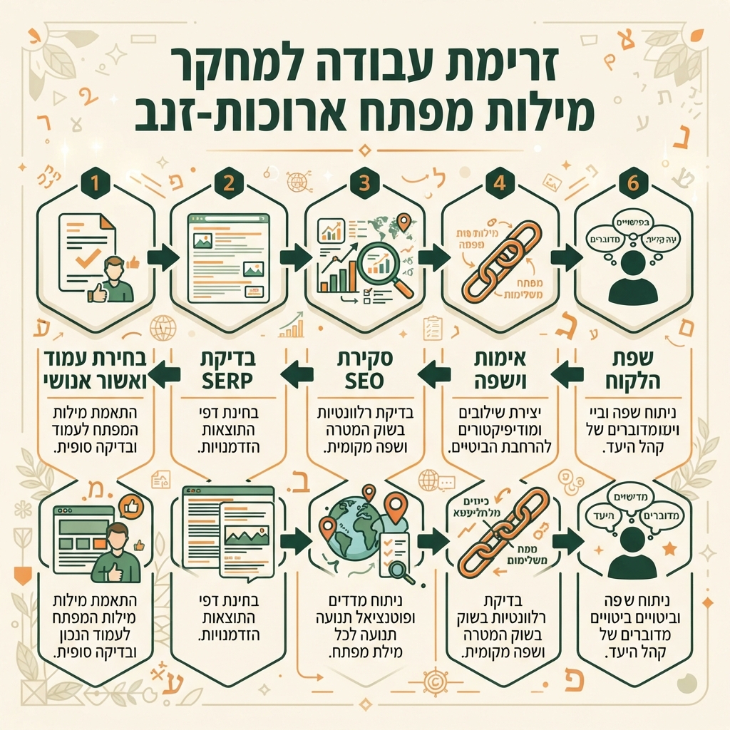 תהליך מחקר בן שישה שלבים למילות מפתח זנב ארוך, משפת הלקוח דרך בדיקות שוק ושפה, סקירת נתונים ו-SERP, בחירת עמוד ואישור אנושי.