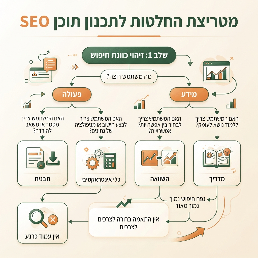 מטריצת החלטה לבחירה בין מדריך, השוואה, תבנית, כלי אינטראקטיבי או הימנעות מעמוד חדש עבור חיפוש ממוקד.