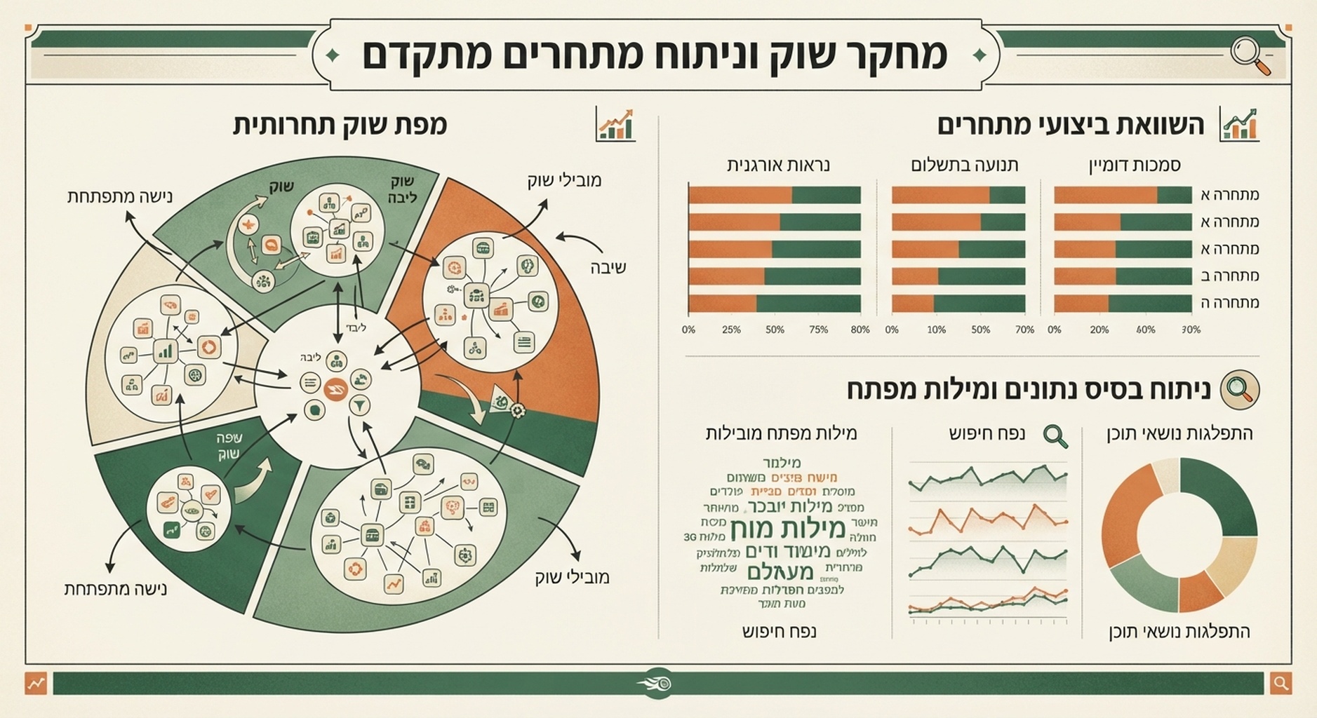 אינפוגרפיקה עריכתית בעברית למחקר שוק ומתחרים ב-Semrush, עם מפת שוק, פסי השוואת מתחרים ואותות מסד מילות מפתח.