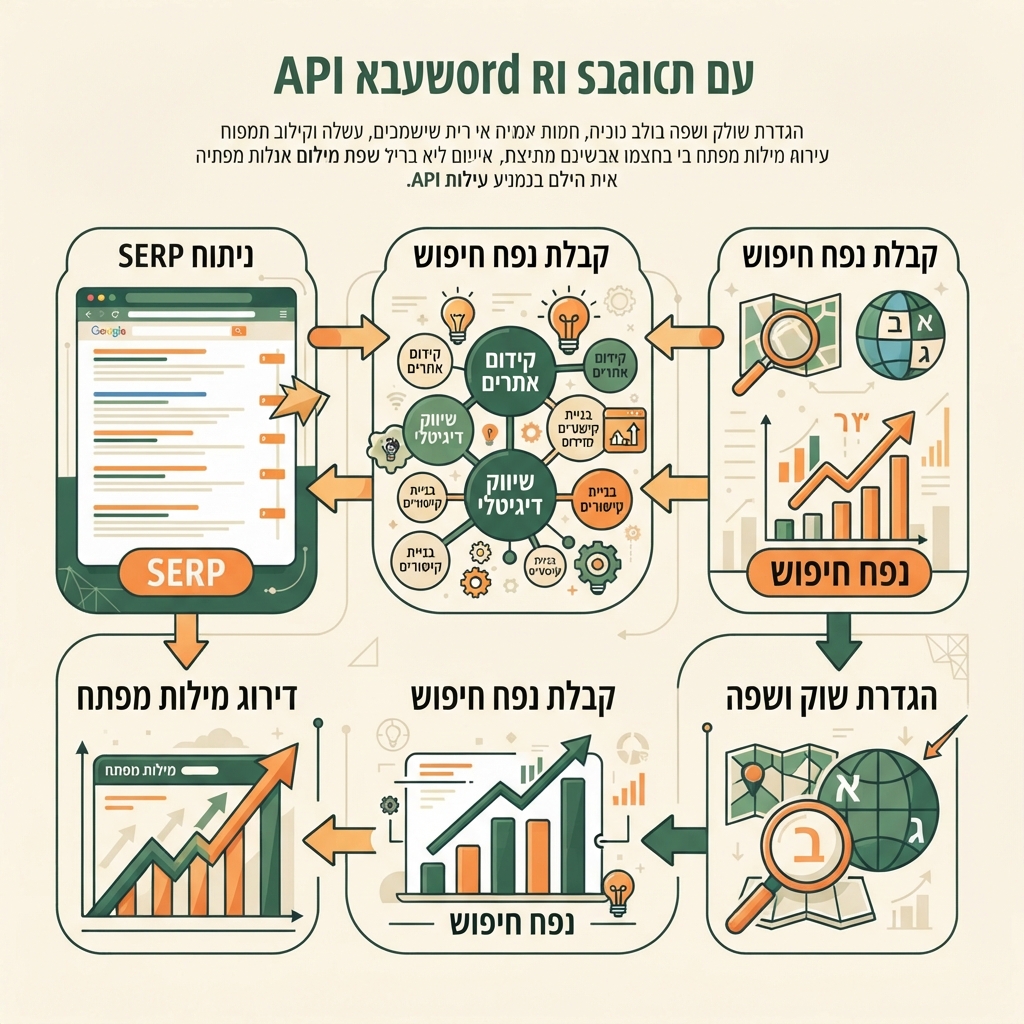 אינפוגרפיקה עריכתית בעברית למחקר מובנה ב-DataForSEO, מהשוק והשפה לנפח חיפוש, הצעות מילות מפתח, SERP ומילות מפתח מדורגות.