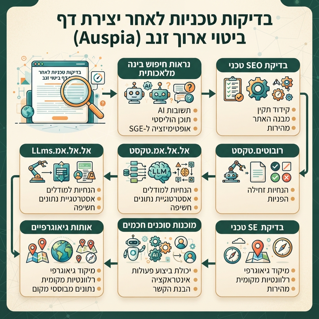 אינפוגרפיקה עריכתית בעברית לבדיקות הטכניות של Auspia לאחר יצירת עמוד מילת מפתח זנב ארוך, כולל SEO, נראות חיפוש AI, robots.txt, llms.txt, מוכנות סוכנים ואותות GEO.