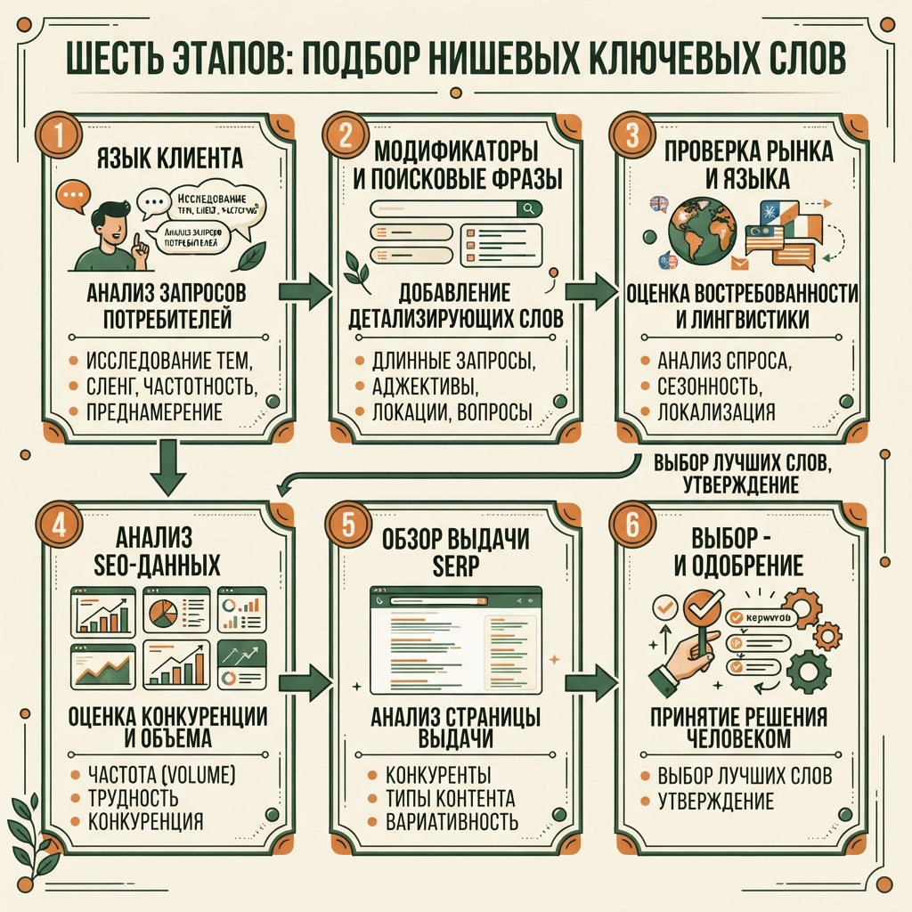 Шестиэтапный процесс исследования длиннохвостых ключевых слов: от языка клиента через проверку рынка и языка, данных и SERP к выбору страницы и человеческому одобрению.