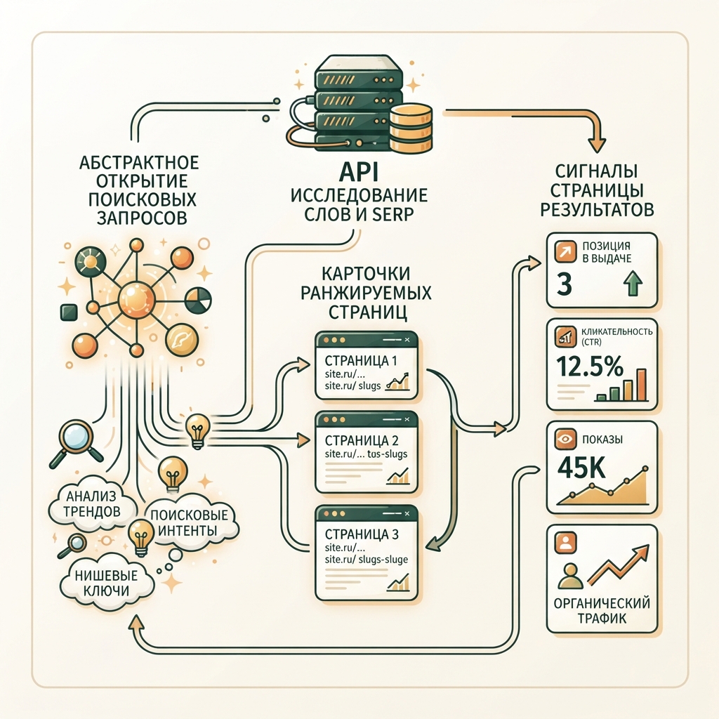 Русская редакционная инфографика об исследовании ключевых слов через Ahrefs API: поиск запросов, ранжирующиеся страницы и сигналы SERP.