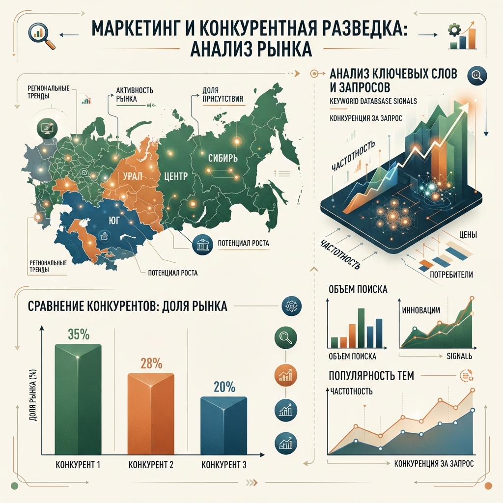Русская редакционная инфографика об исследовании рынка и конкурентов через Semrush: карта рынка, сравнение конкурентов и сигналы базы ключевых слов.