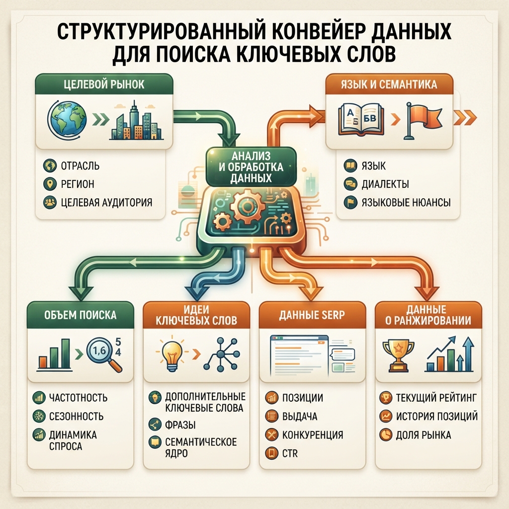 Русская редакционная инфографика структурированного исследования DataForSEO: от целевого рынка и языка к объёму поиска, подсказкам ключевых слов, SERP и ранжирующимся ключевым словам.