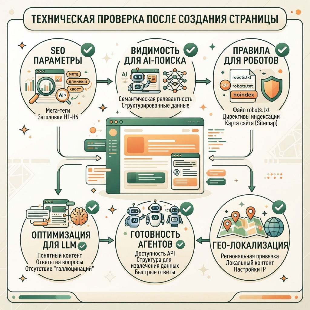 Русская редакционная инфографика технических проверок Auspia после создания страницы длиннохвостого ключевого слова: SEO, AI-видимость, robots.txt, llms.txt, готовность агентов и GEO-сигналы.